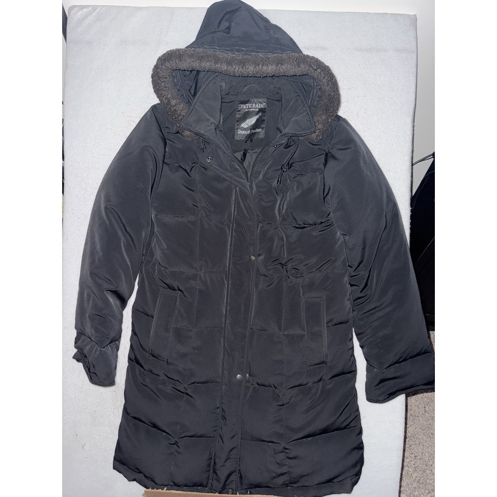 Centigrade Down Feather Puffer Jacket Black Parka‎ Size S Removable Hood Winter